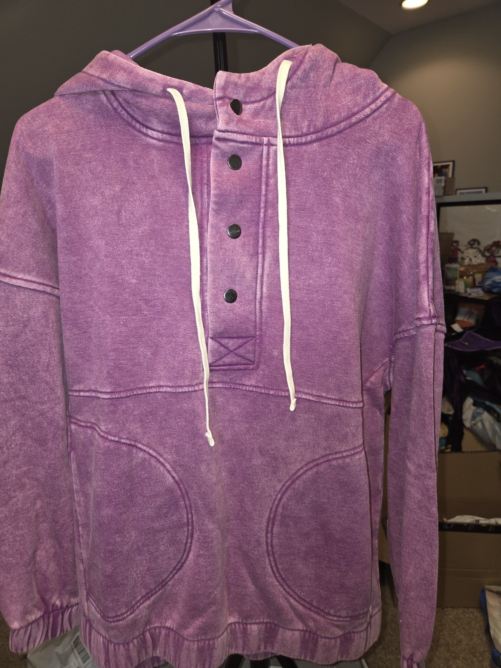 Zenana Outfitters Purple Crewneck Hoodie with Button Placket